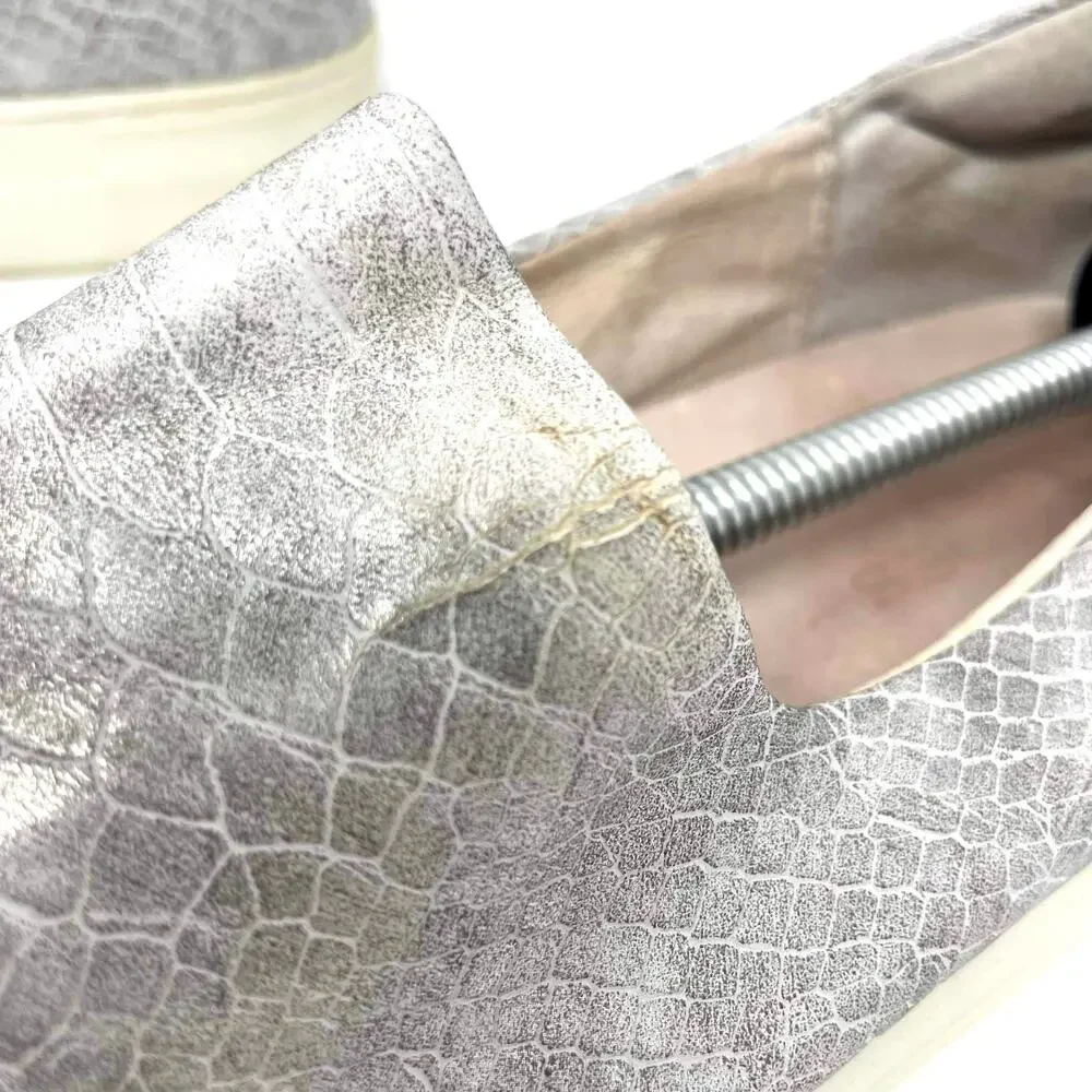 J SLIDES Silver White Slip On Snake Print Sneakers